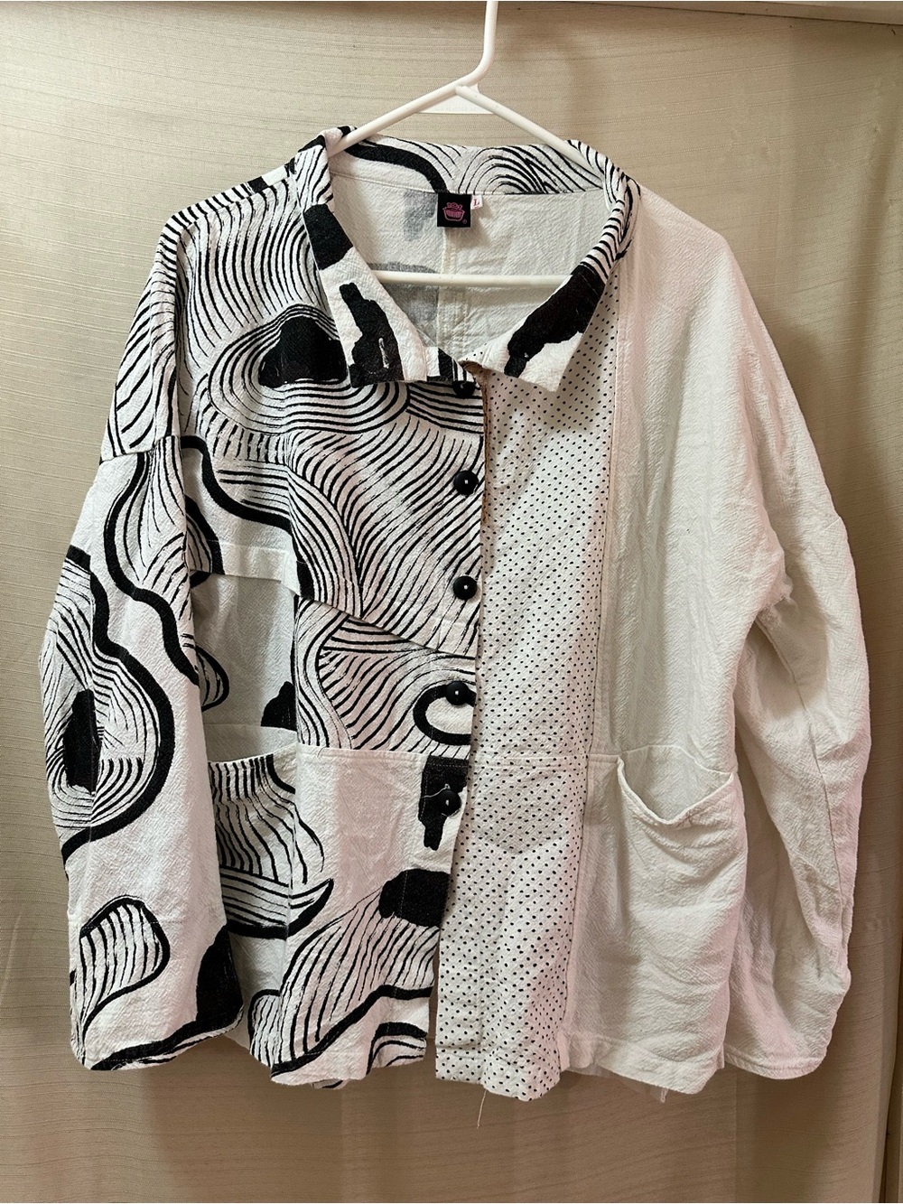Abstract Patchwork Cotton Button Up Jacket Oversized Art To Wear Pocket Top